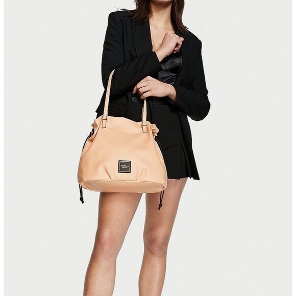 VICTORIA'S SECRET Cinch Top Faux Leather Shoulder Bag, Nude/Black- 12”x17” NWT - Picture 1 of 7
